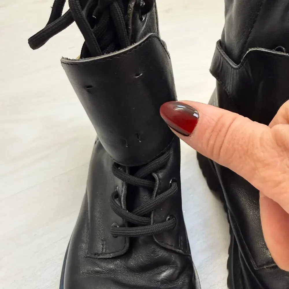 Valentino Black Leather Lace-Up Boots with Gold V-Buckle